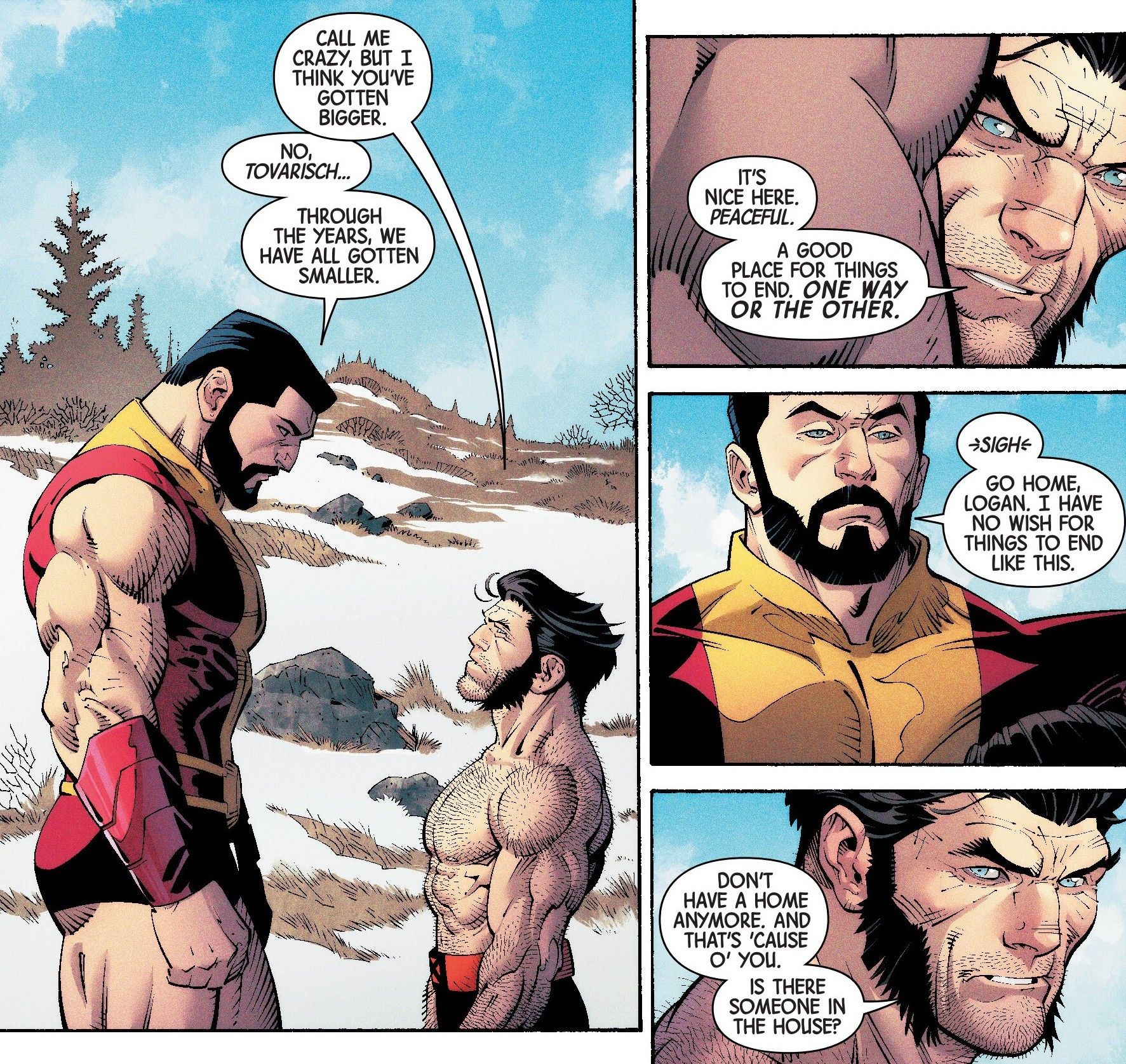 Comic book panels: Colossus and Wolverine face each other in a snowy landscape.