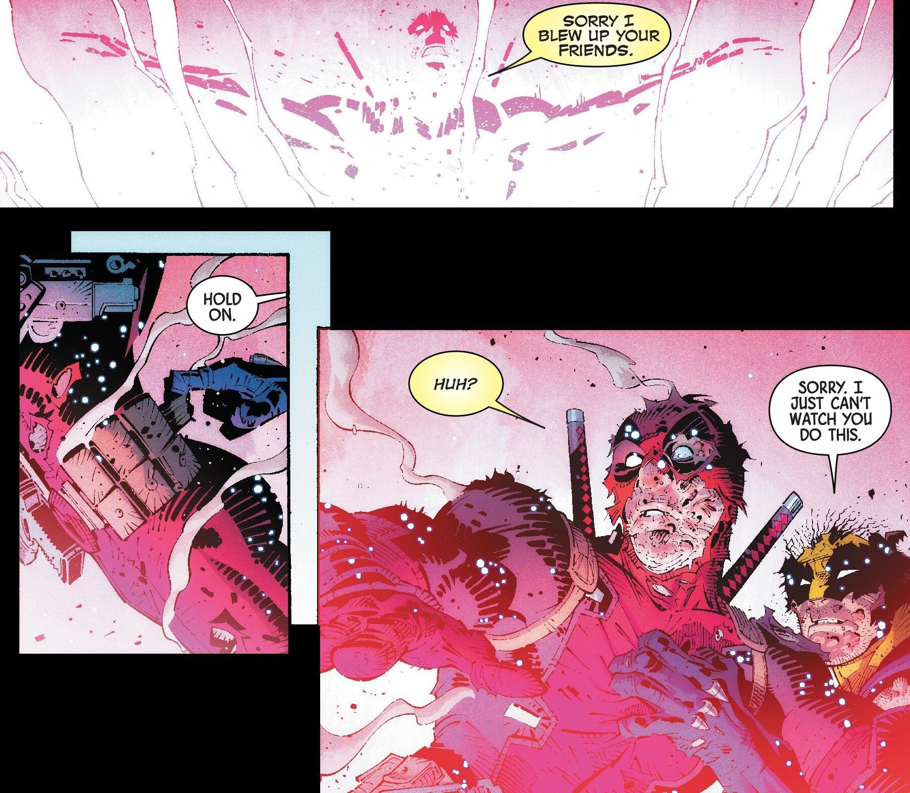  Wolverine stops Deadpool from jumping into a nuclear reactor.