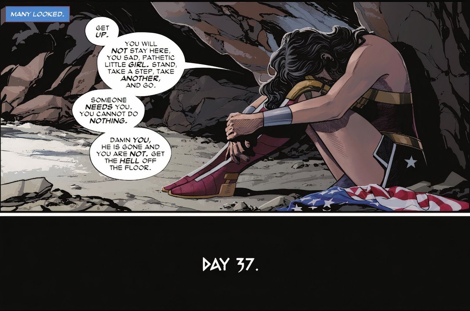 Wonder Woman #14 se sienta en una cueva y llora 