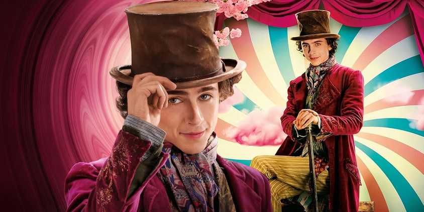 A composite image of Wonka tipping his hat and Wonka sitting in front of a colorful background in Wonka