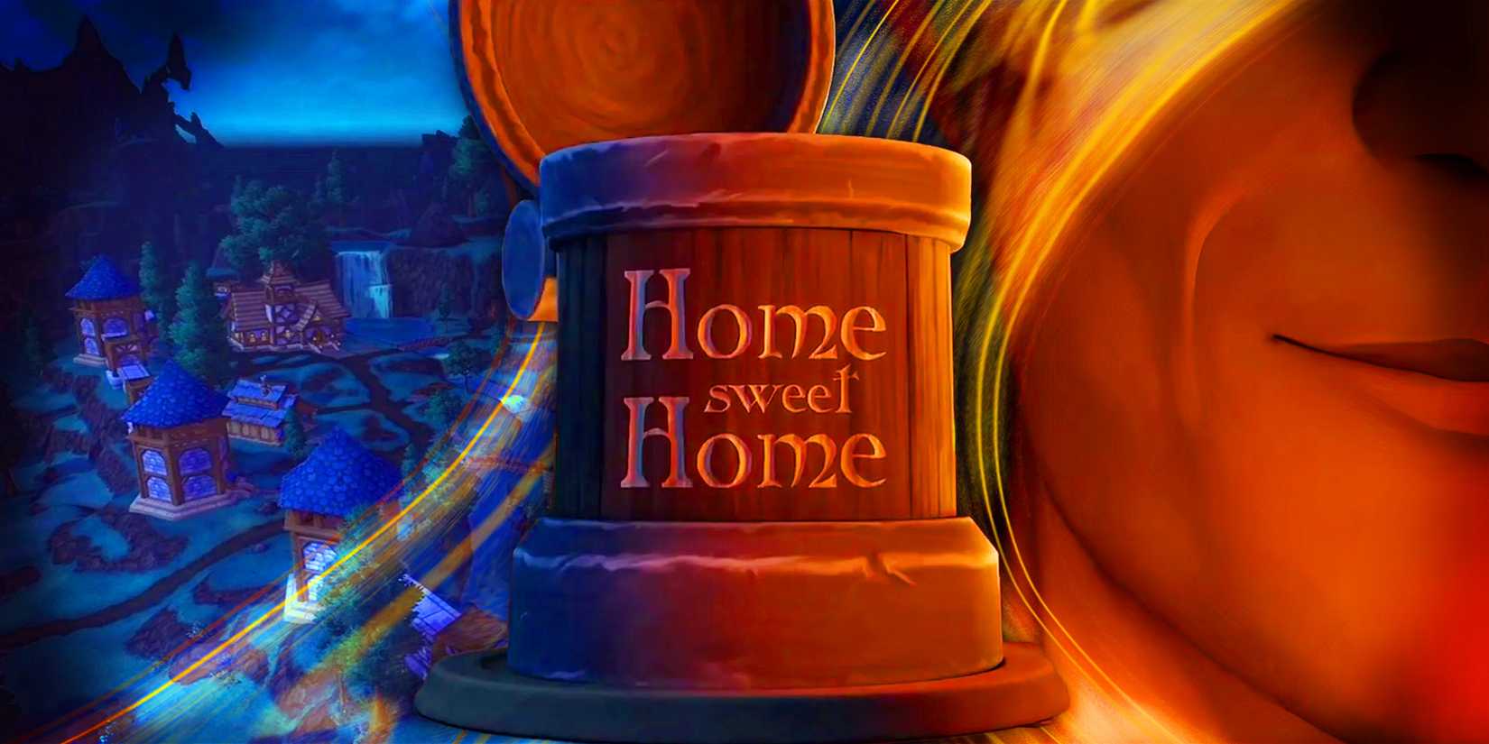 A wooden mug in WoW that says "Home Sweet Home" next to a player character smirking on one side and a garrison from Warlords of Drainer on the other.