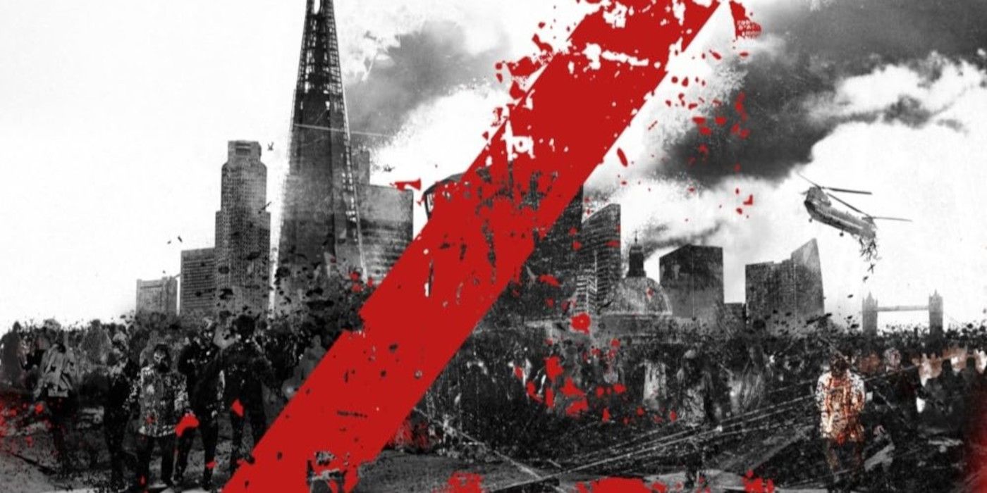 World War Z cover featuring a red painted line across a backdrop of zombies walking away from a city