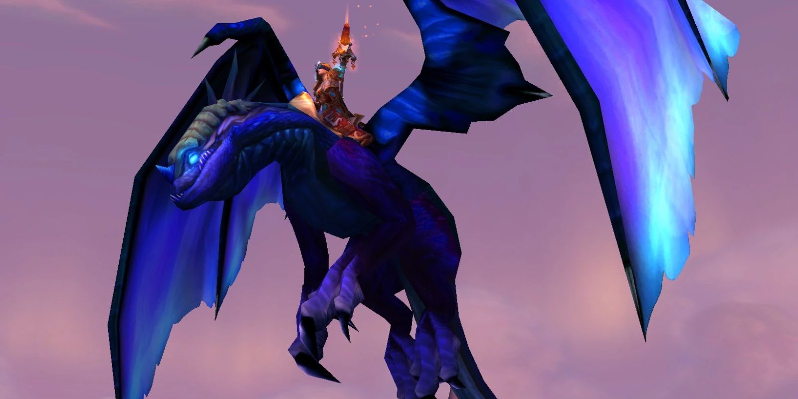 A WoW player riding a Twilight Drake.