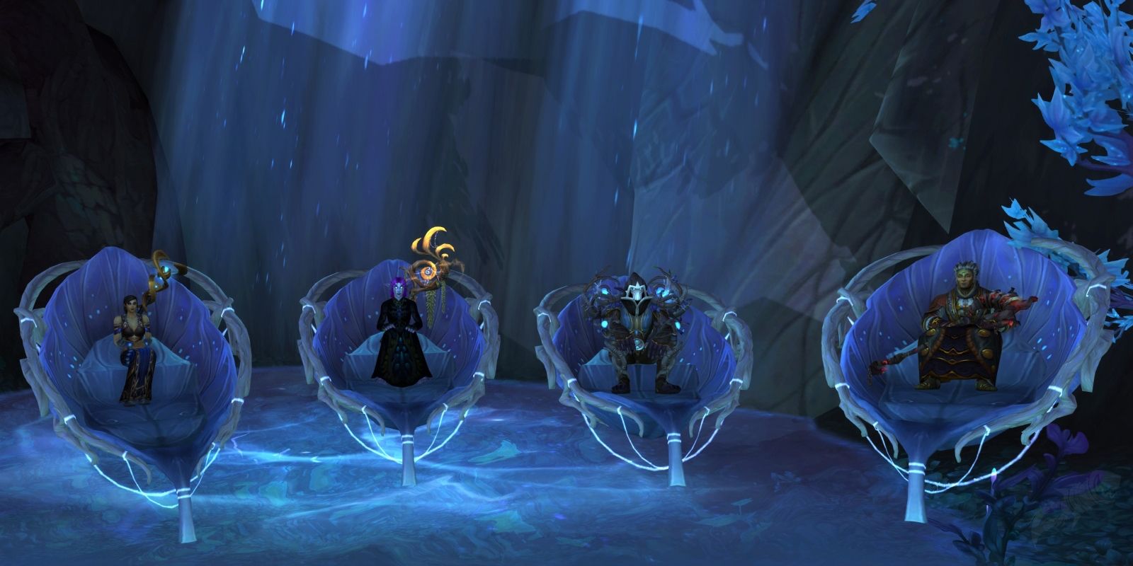 Four WoW players sitting on the Wildseed Cradle mount.