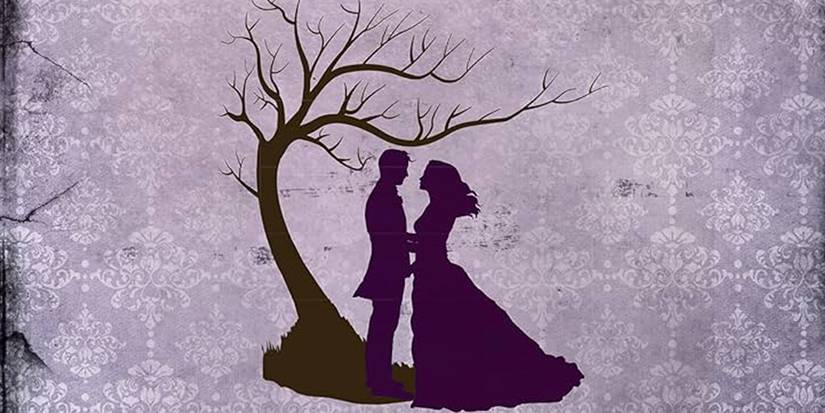 Two silhouetted figures embracing near a tree on the cover of Wuthering Heights