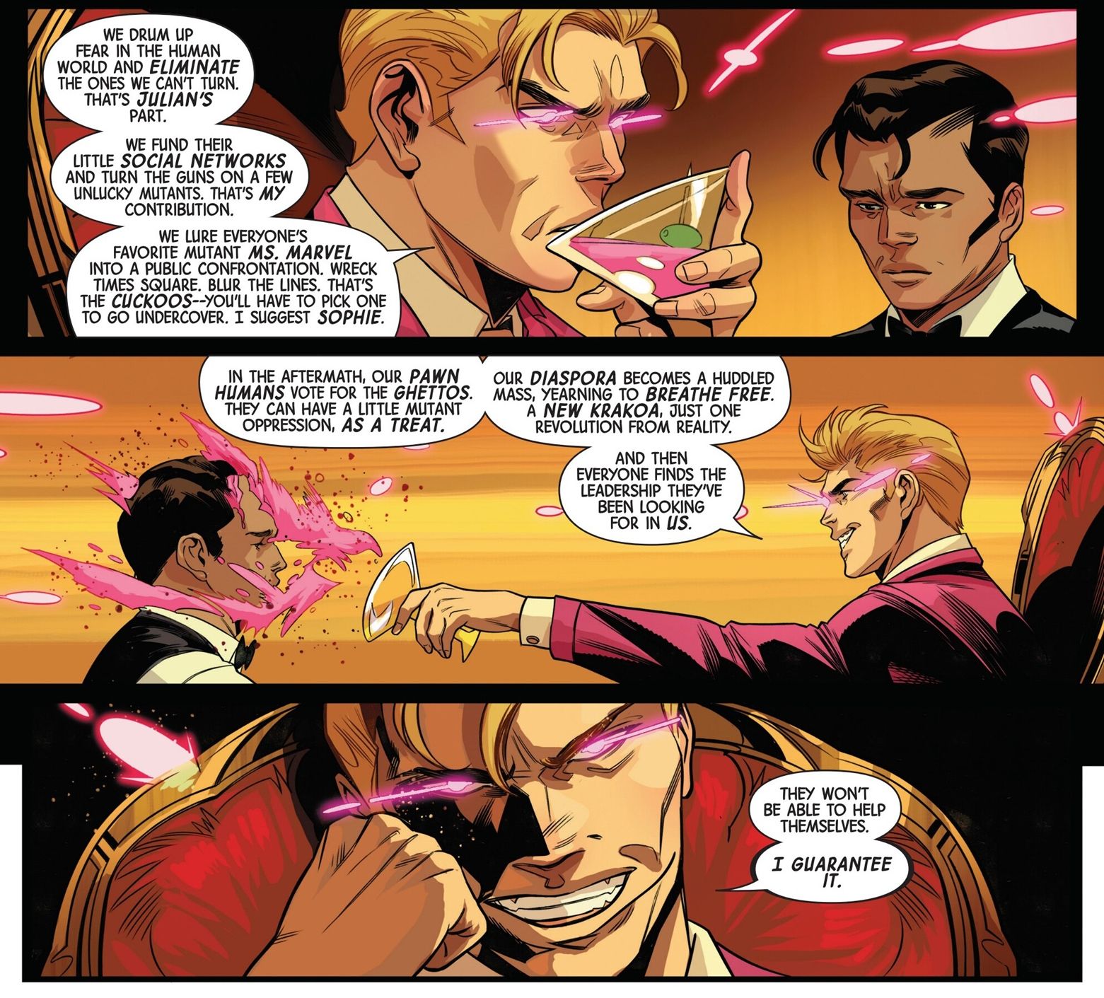 X-Men Villain Empath outlines his plan and throws a pink drink in human man's face. 