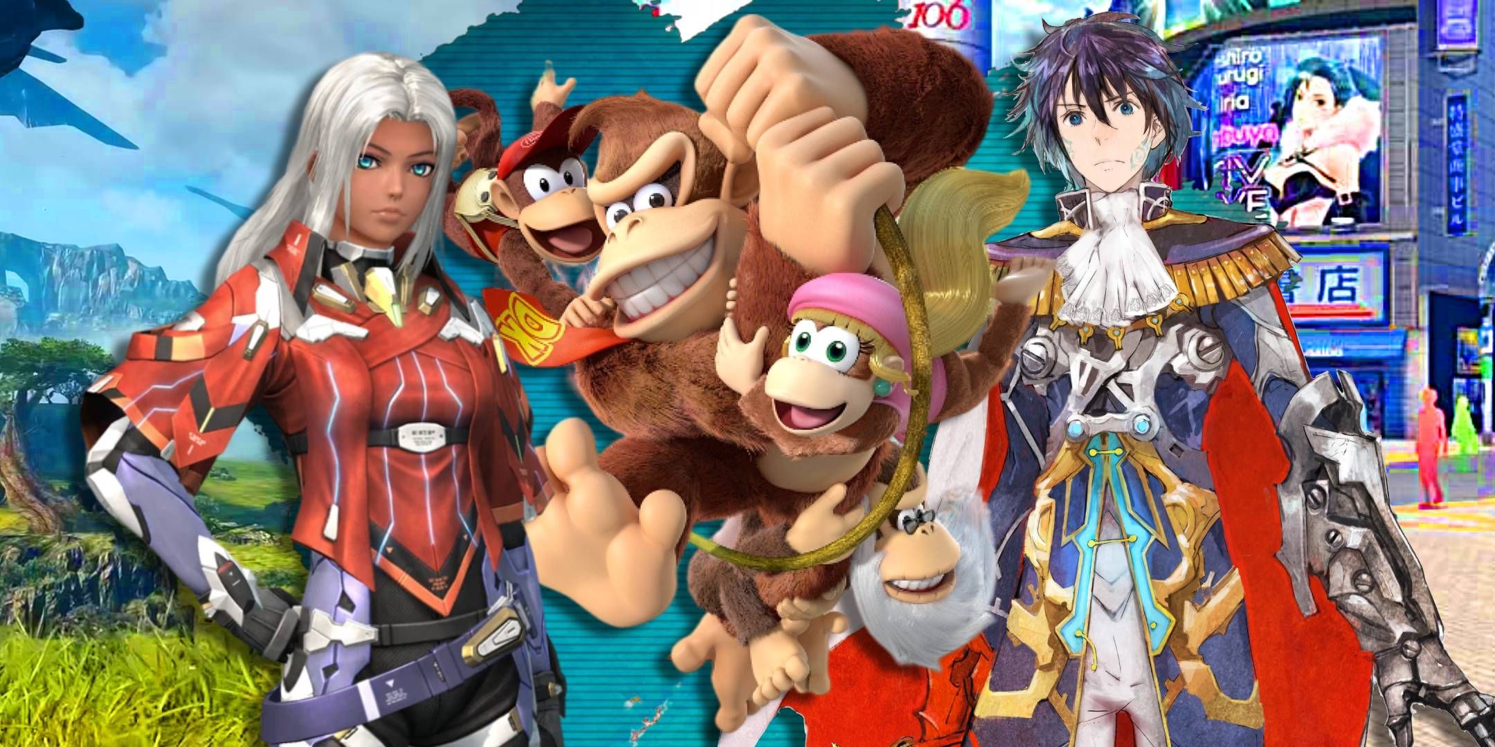 Elma de Xenoblade Chronicles X a la izquierda con Donkey Kong de Tropical Freeze en el medio e Itsuki de Tokyo Mirage Sessions a la derecha.