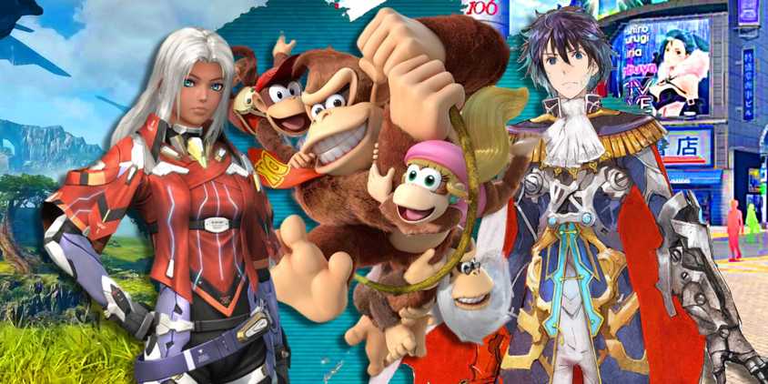 Elma from Xenoblade Chronicles X on the left with Donkey Kong from Tropical Freeze in the middle and Itsuki from Tokyo Mirage Sessions on the right.