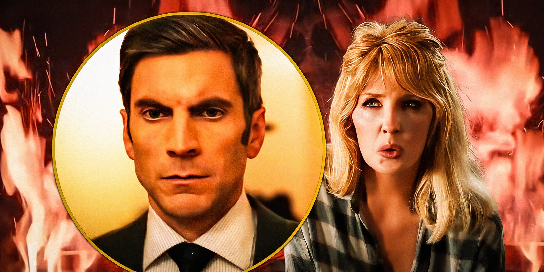 Wes Bentley's Jamie looking stoic and Kelly Reilly's Beth looking angry in Yellowstone