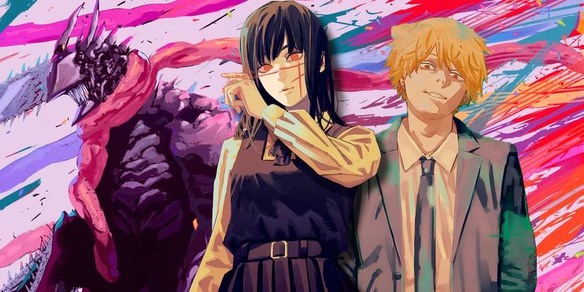 Yoru standing in front of a background showing Denji and Pochita from Chainsaw Man.