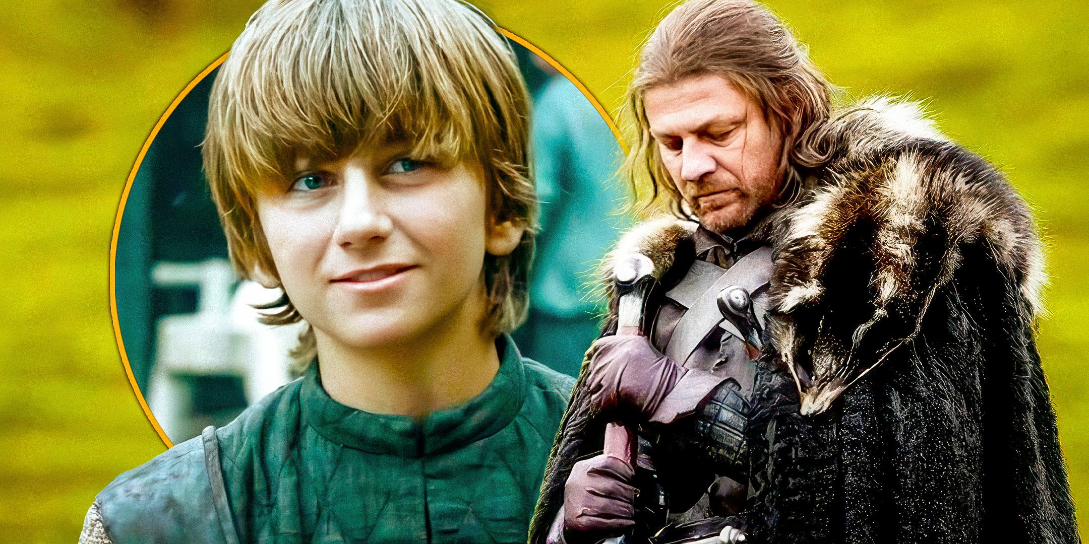 Sebastian Croft's young Ned Stark smiling and Sean Bean's Ned kneeling with his sword in Game of Thrones