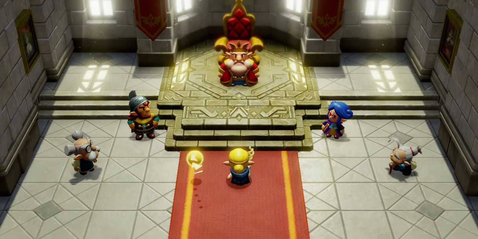 Characters gathered in the throne room in The Legend of Zelda: Echoes of Wisdom, including the King of Hyrule, General Wright, and Minister Lefte.