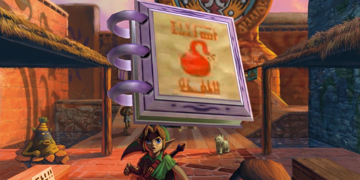 Arte de Link em Clock Town com imagem do Caderno dos Bombers de The Legend of Zelda: Majora's Mask.