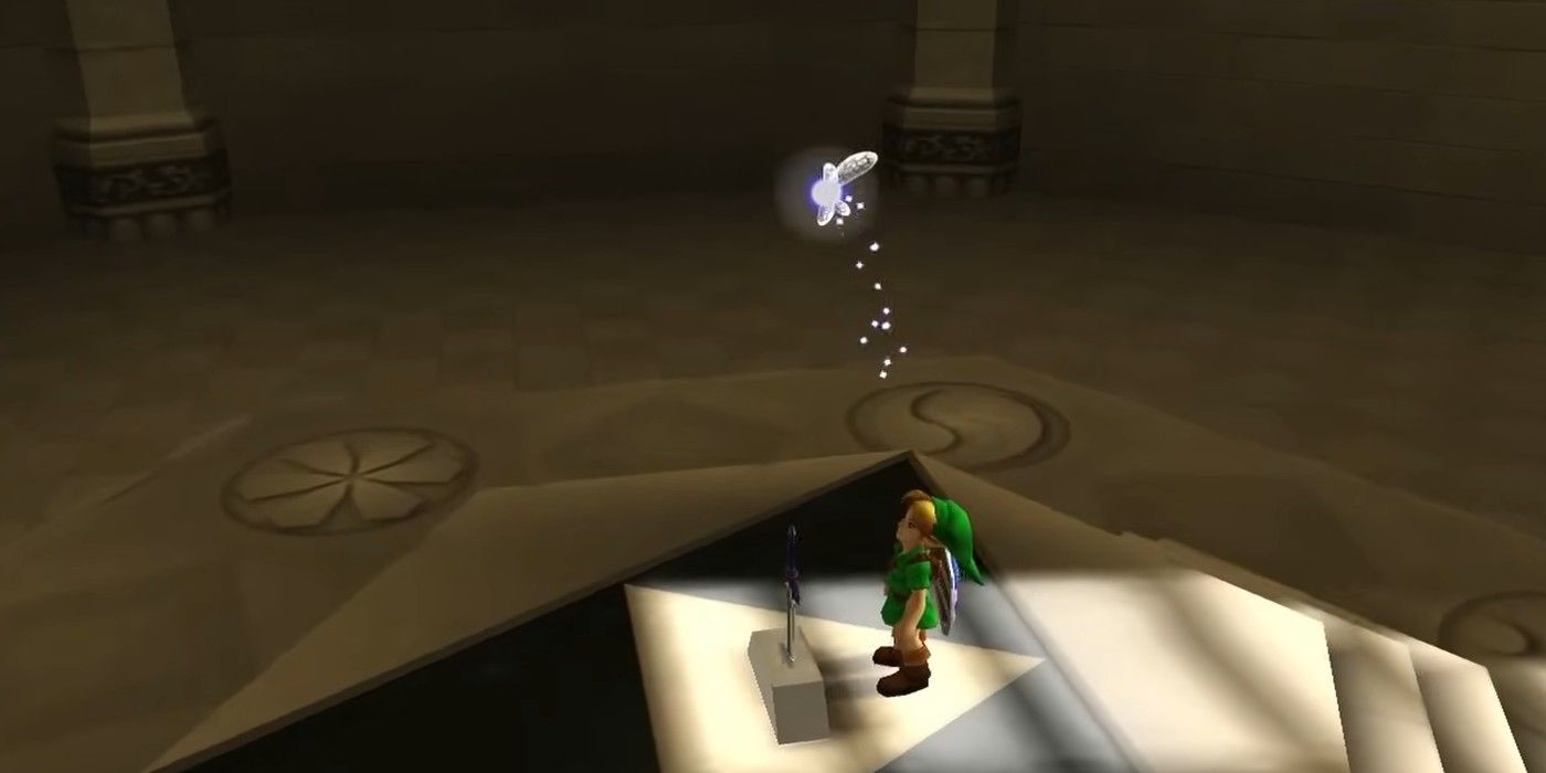 Navi deixando Link como visto em The Legend of Zelda: Ocarina of Time 3D.