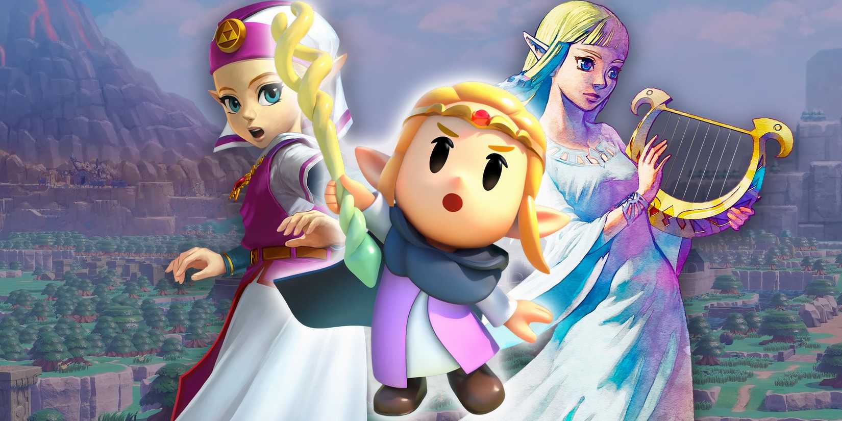Zelda from Ocarina, Skyward Sword, and Echoes Of Wisdom.