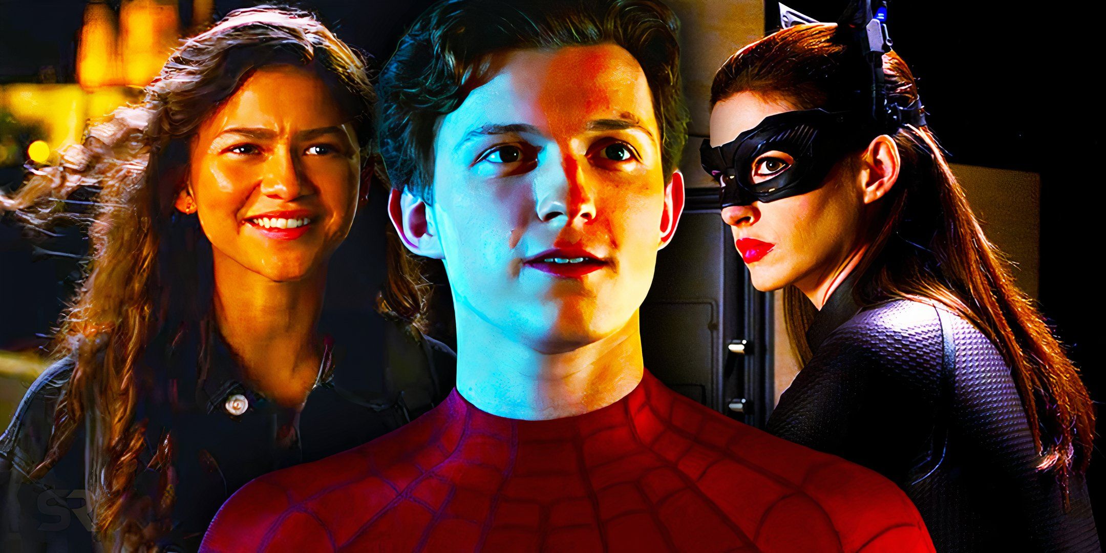 زيندايا تبتسم في دور MJ وتوم هولاند مع نصف ابتسامة في دور بيتر باركر في أفلام Spider-Man بجانب آن هاثاواي في دور Catwoman في The Dark Knight Rises