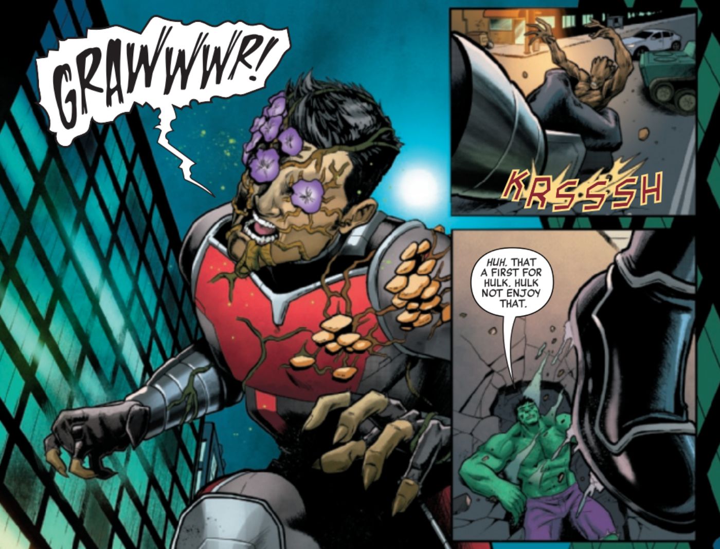 Painéis de quadrinhos: Scott Lang zumbificado como Homem Gigante, Grabbing Groot e Crushing Hulk