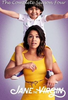 Show title cover for Season 4 of the show Jane the Virgin. It shows the main character Jane wearing a yellow dress holding a young boy on her shoulders all on a purple background.