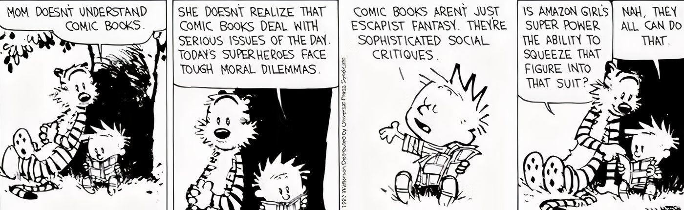 Calvin e Hobbes lendo uma história em quadrinhos juntos.