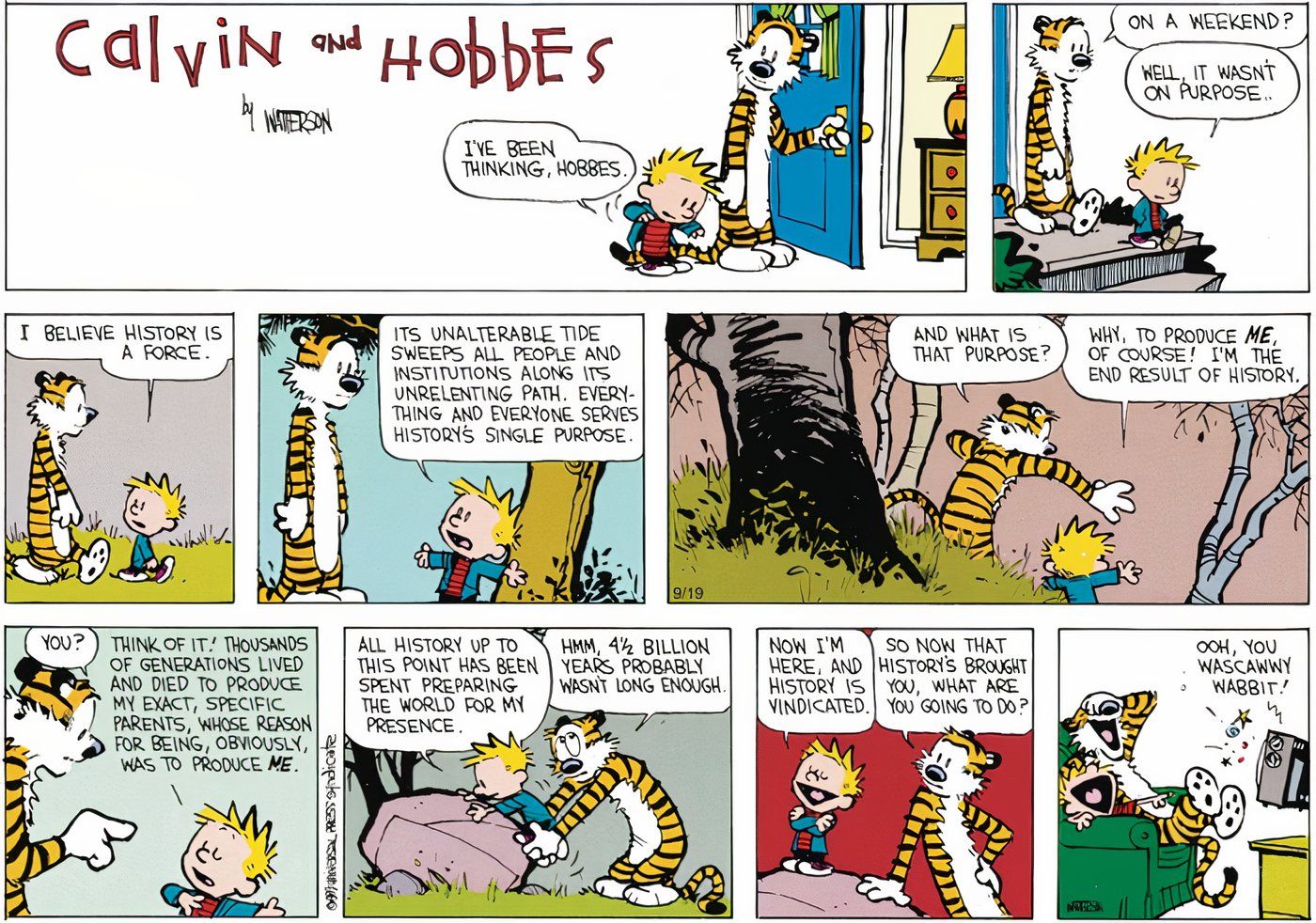 Calvin and Hobbes walking through the forest before watching TV.