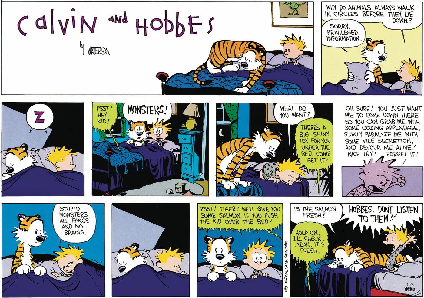 Calvin and Hobbes talking to the monster under the bed.