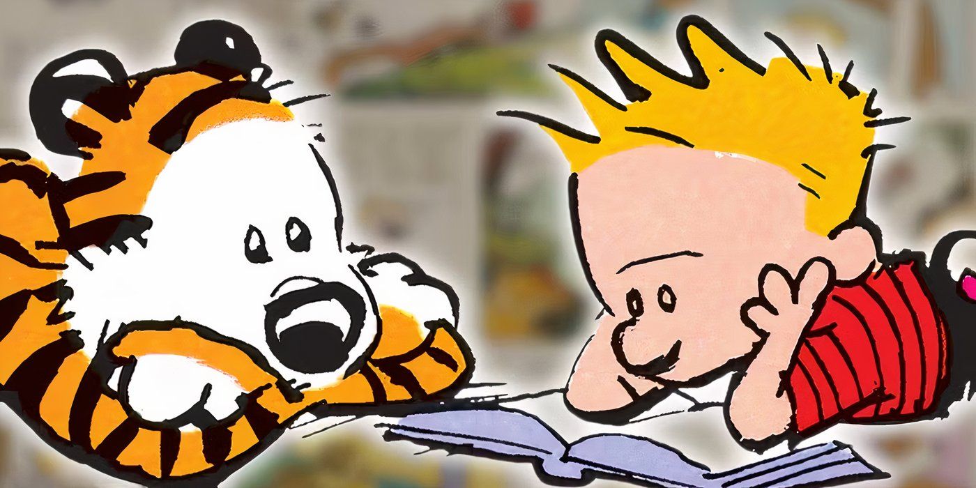 Calvin and Hobbes reading a book together, blurred background.