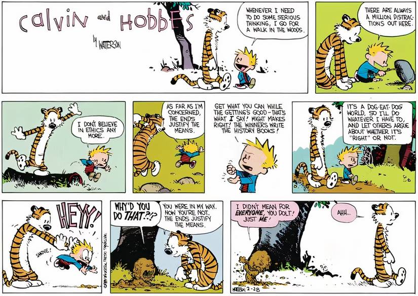 Hobbes pushing Calvin in the mud while walking through the woods.