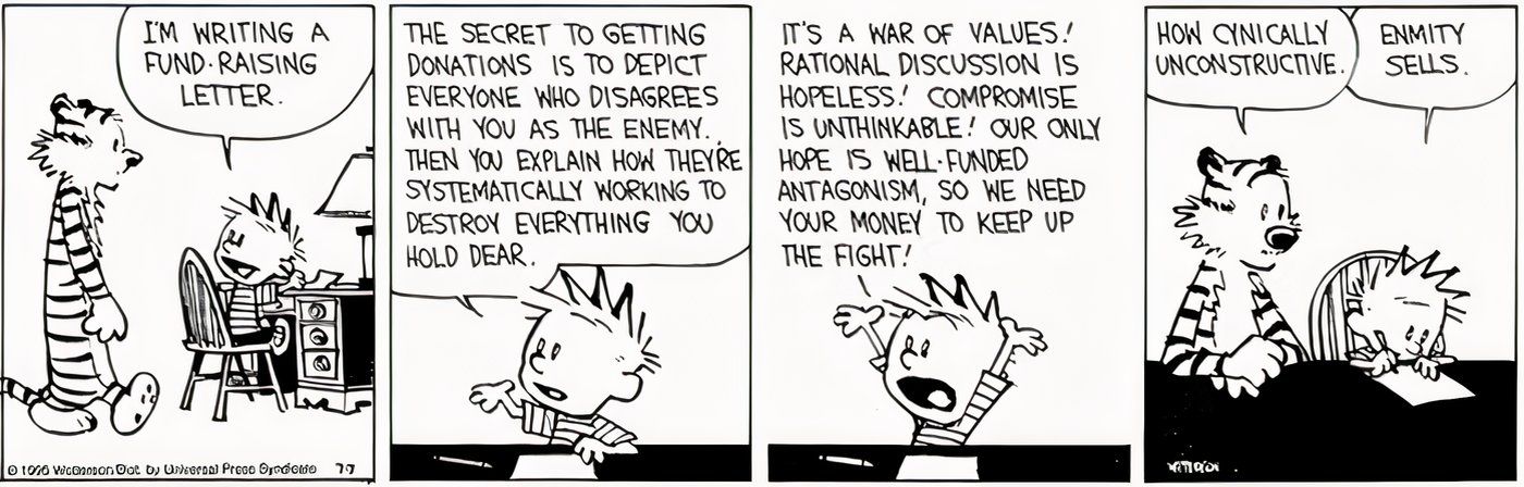 Calvin contando a Hobbes sobre a carta de arrecadação de fundos que está escrevendo.