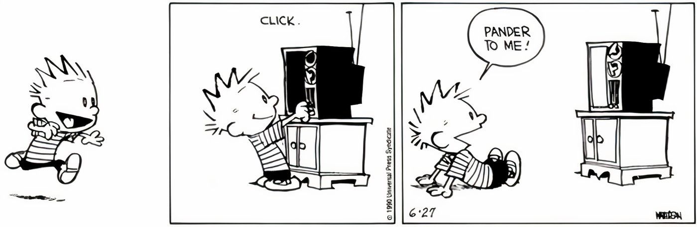 Calvin assistindo televisão em Calvin e Hobbes.