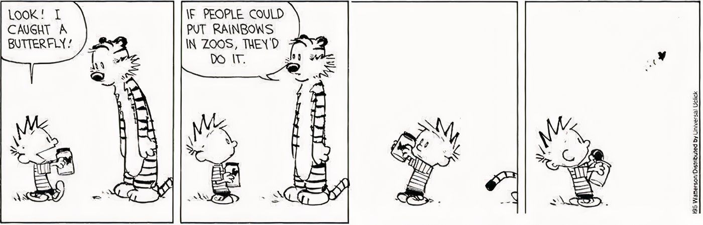 Calvin e Hobbes liberando uma borboleta de uma jarra.