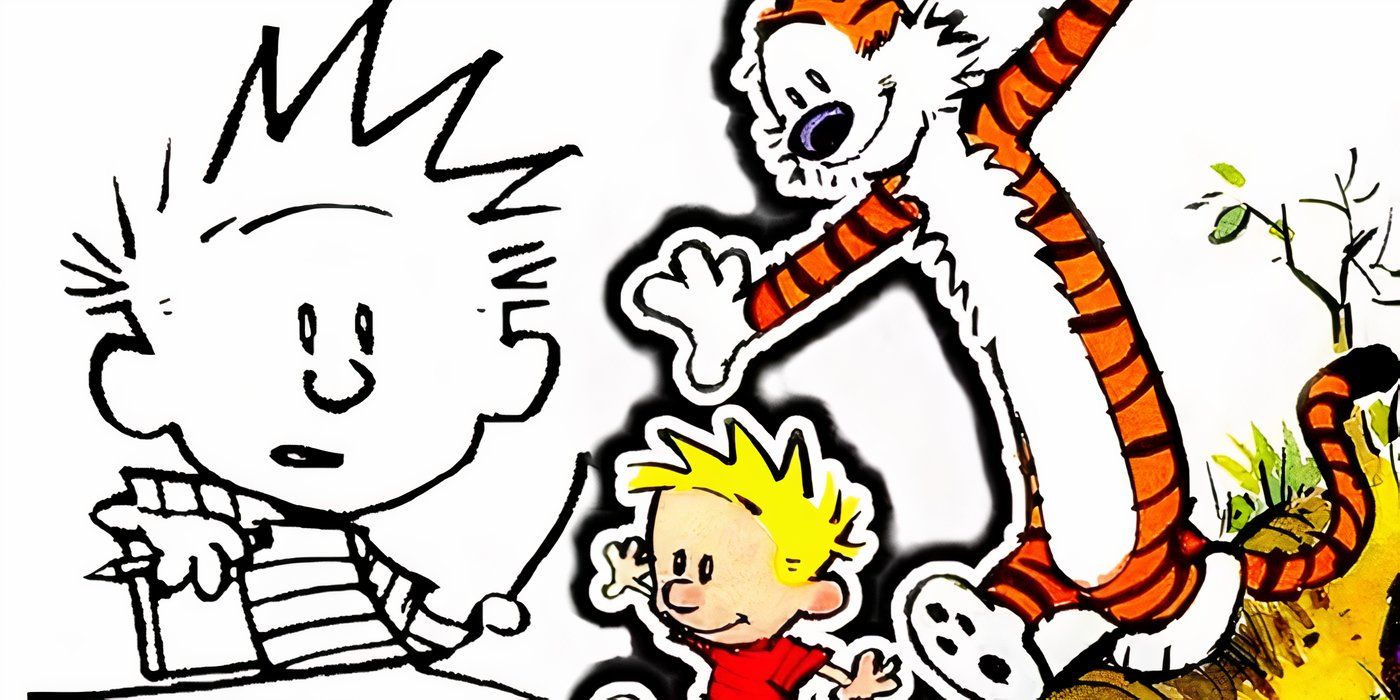 Calvin and Hobbes walking with another Calvin sitting behind him.