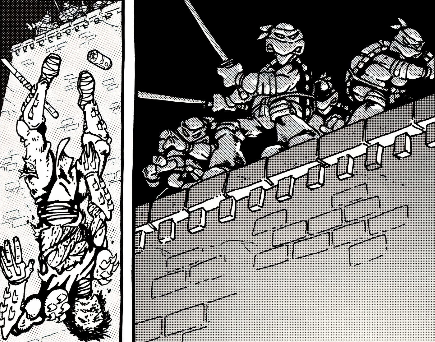 The TMNT throwing Shredder from the top of a building.