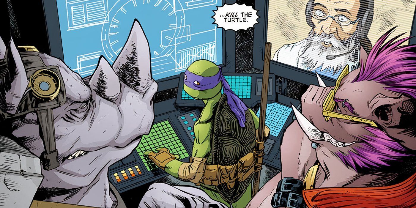 Bebop and Rocksteady looming over Donatello.