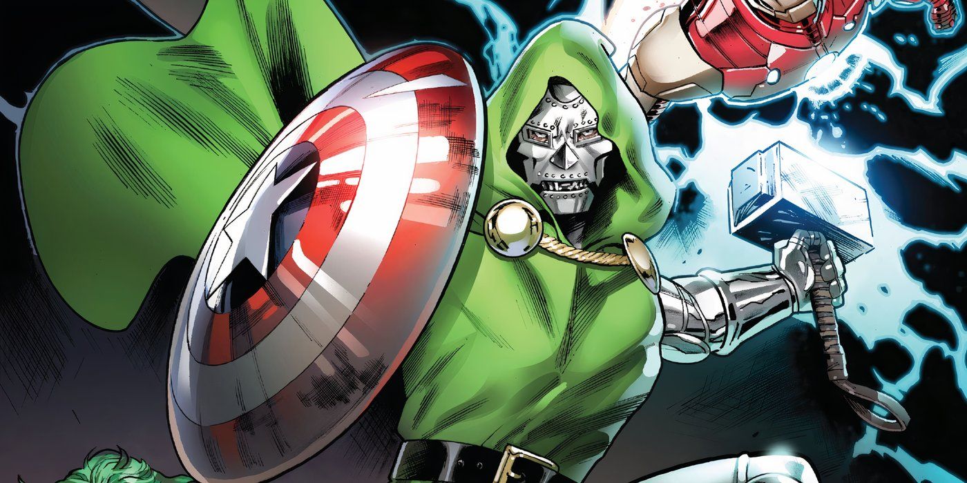 Doctor Doom wielding Mjolnir alongside the Avengers.