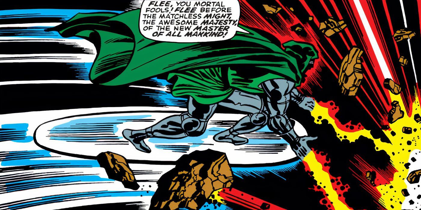 Doctor Doom riding the Silver Surfer's board, wielding the Power Cosmic.