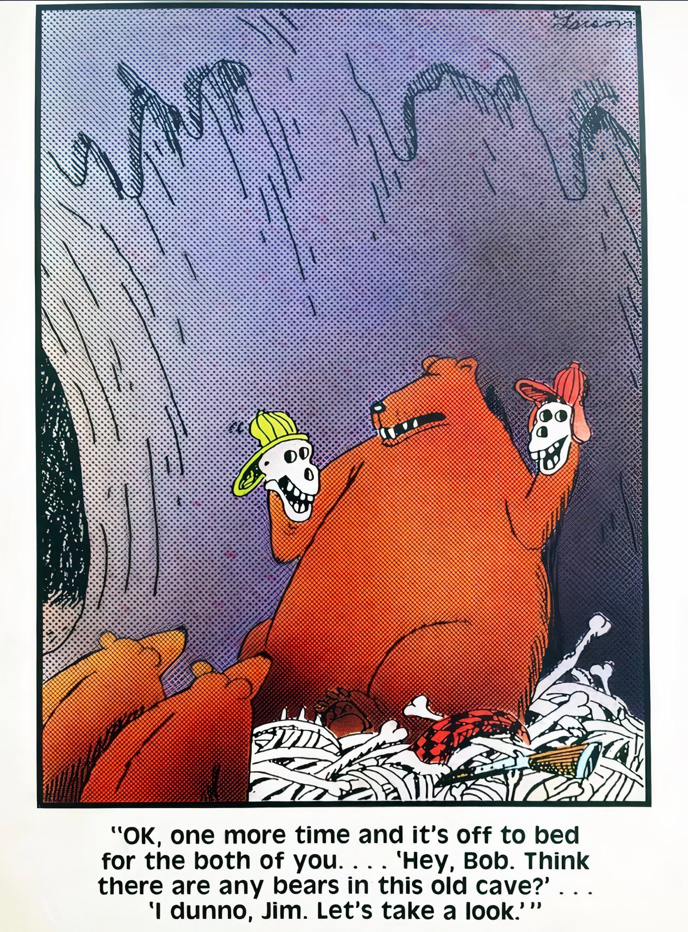 Ursos usando esqueletos humanos como fantoches em The Far Side.