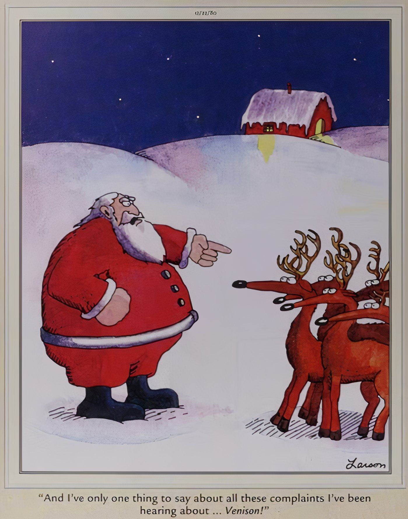 Papai Noel ameaçando comer suas renas em The Far Side.