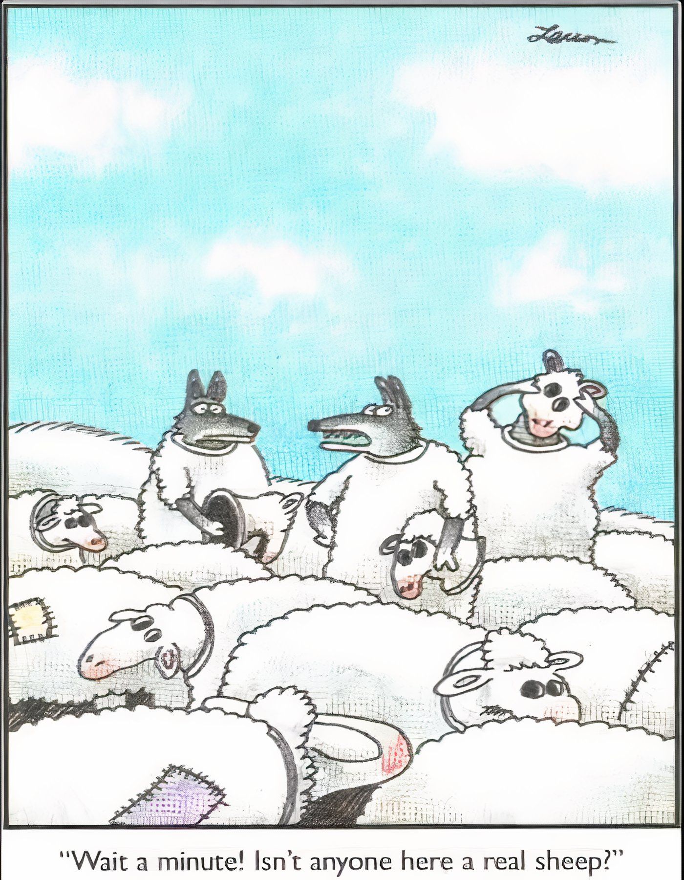 Lobos vestindo fantasias de ovelhas em The Far Side.