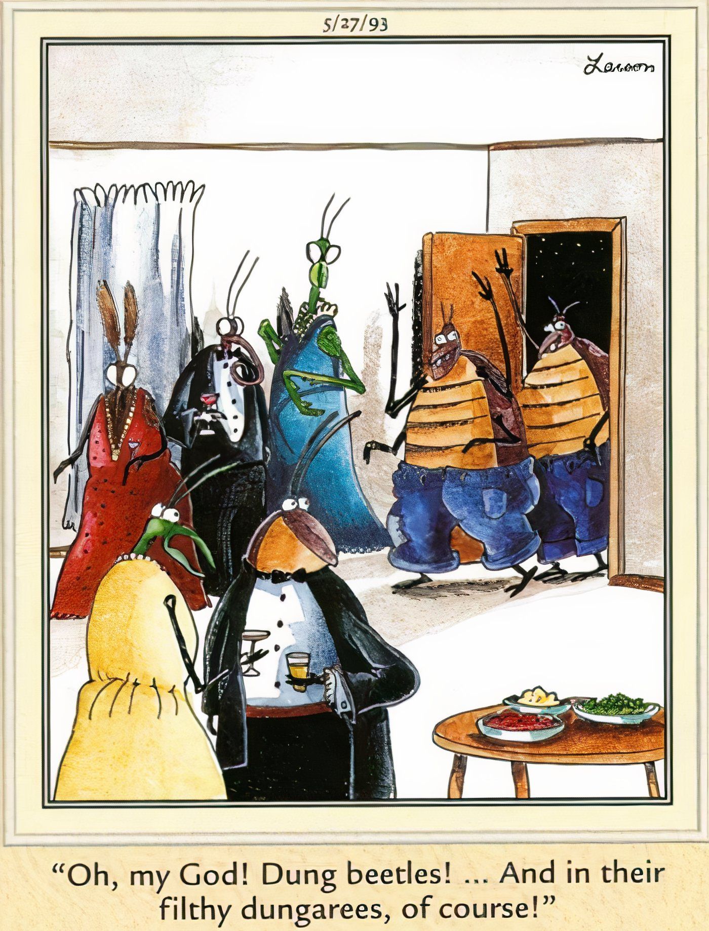 Los escarabajos peloteros son juzgados por insectos elegantes en The Far Side.