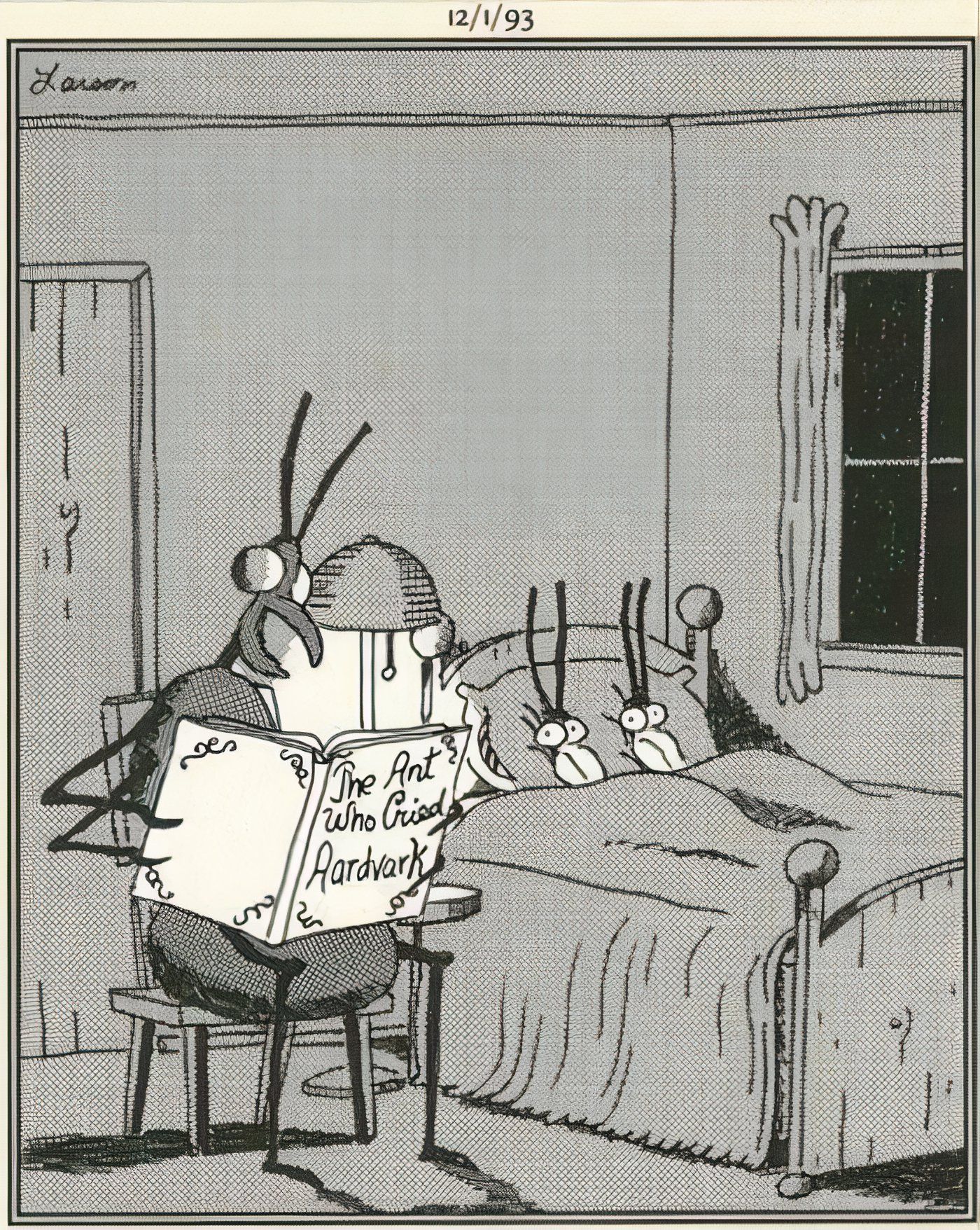 Una mamá hormiga leyendo un libro a sus hijos en The Far Side.