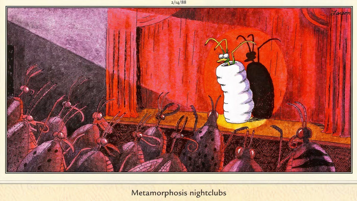 Un insecto que se quita su capullo en un escenario de The Far Side.