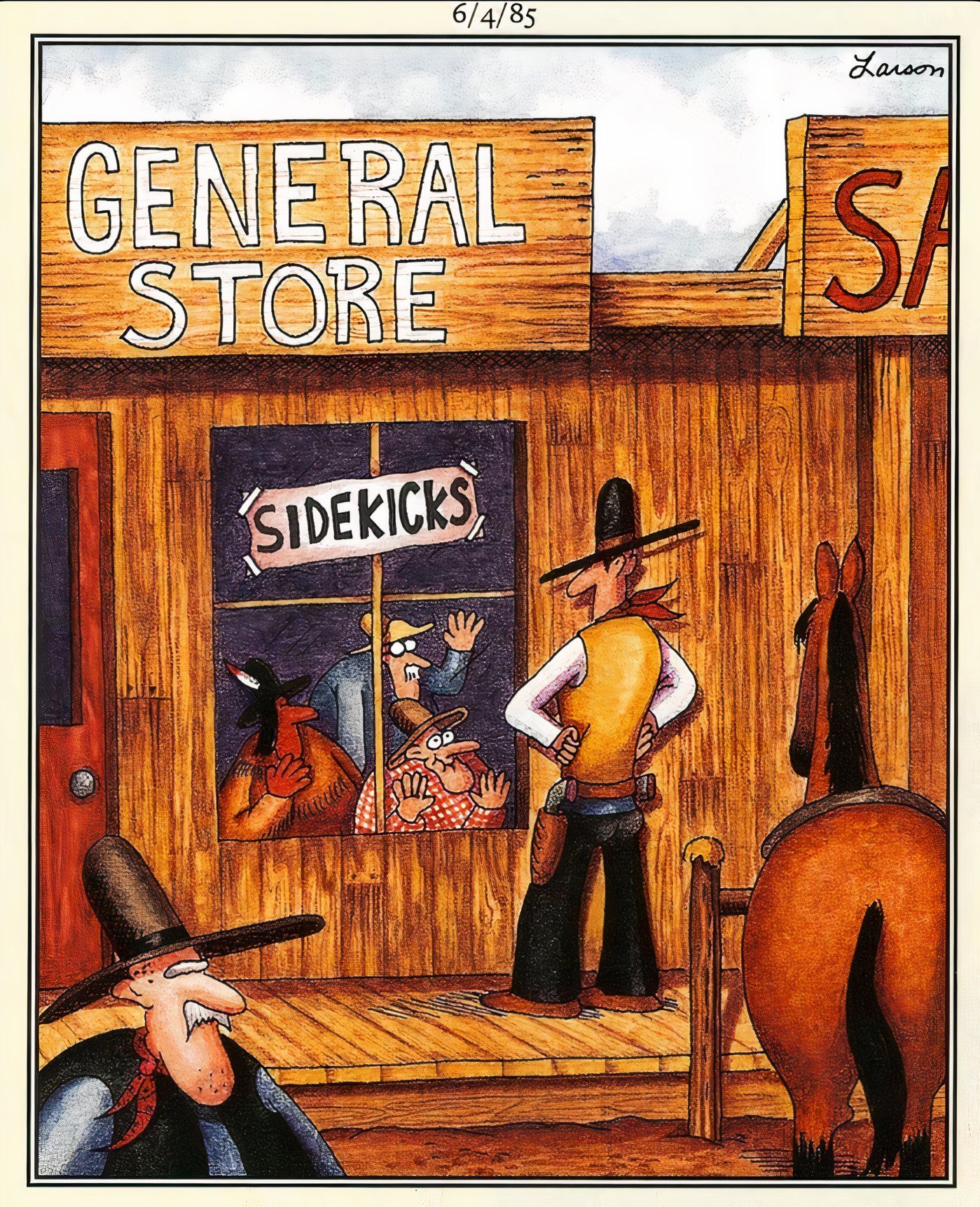 A cowboy going to the store to get a sidekick in The Far Side.
