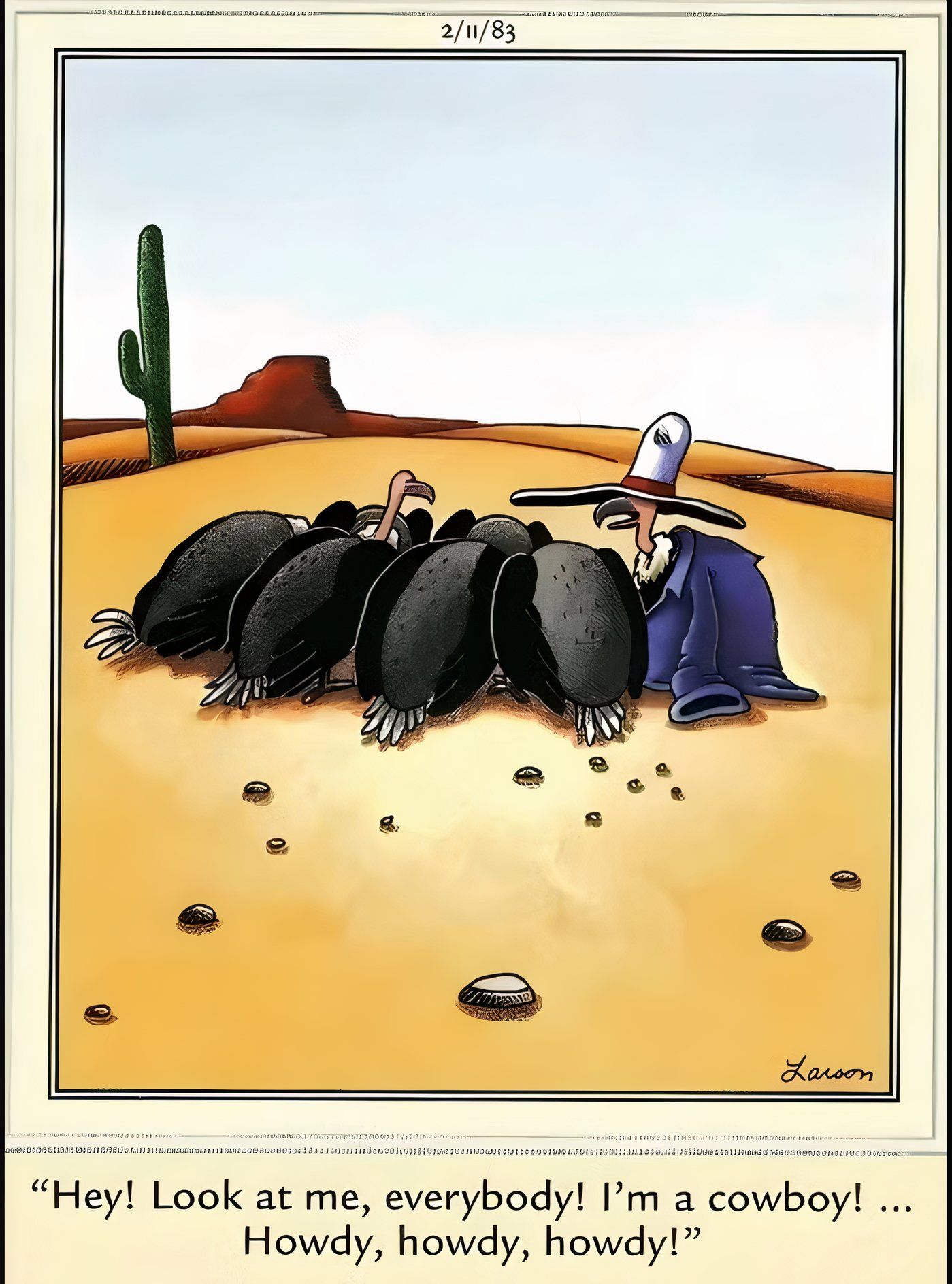 A vulture wearing a cowboy&rsquo;s clothes while eating his carcass in The Far Side.