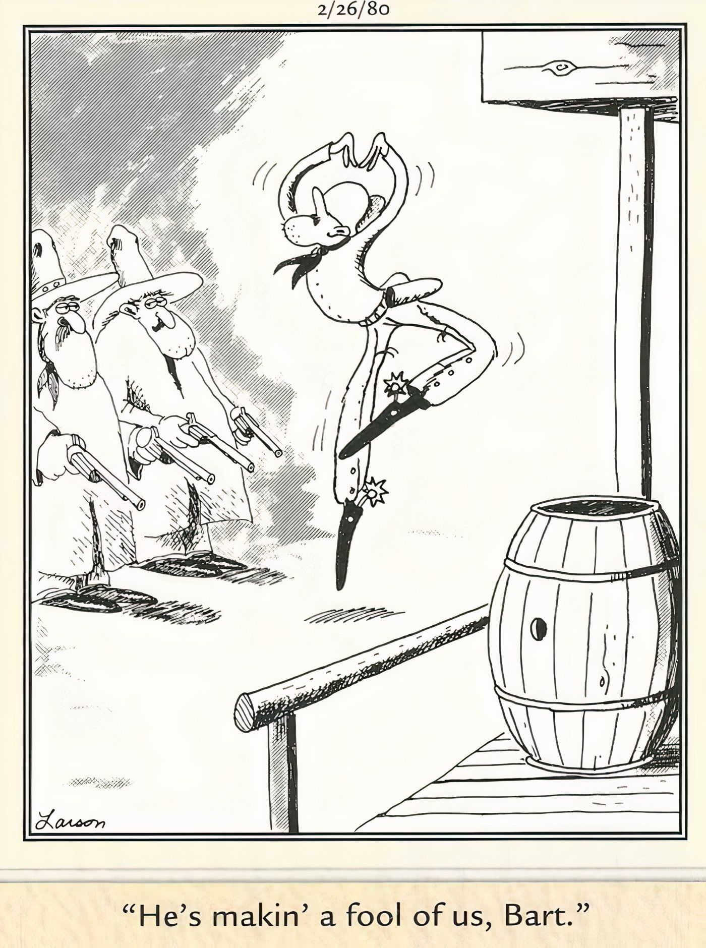 A cowboy dancing for a gang of outlaws in The Far Side.