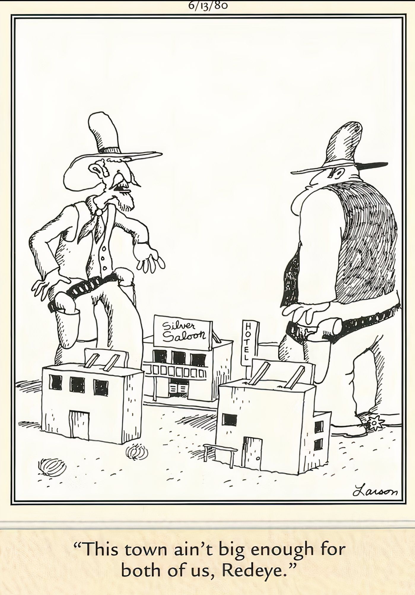 Two cowboys dueling in a tiny town in The Far Side.