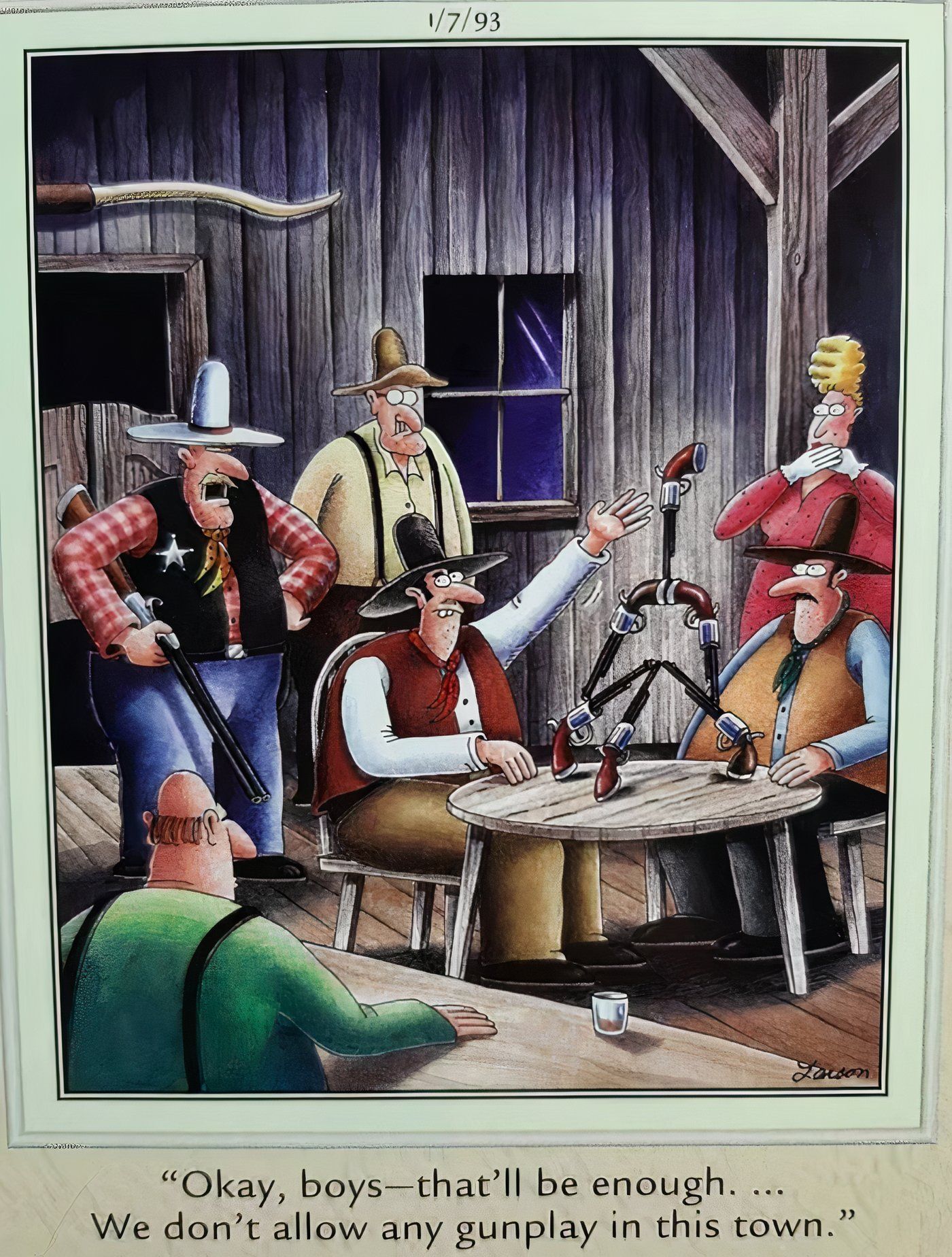 Cowboys stacking guns like a house of cards in The Far Side.