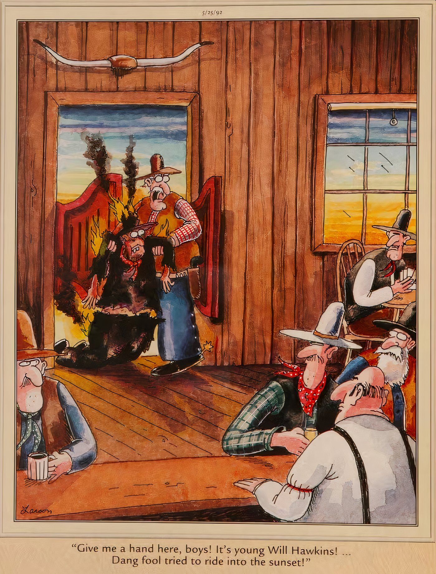 A cowboy horribly burned from riding into the sunset in The Far Side.
