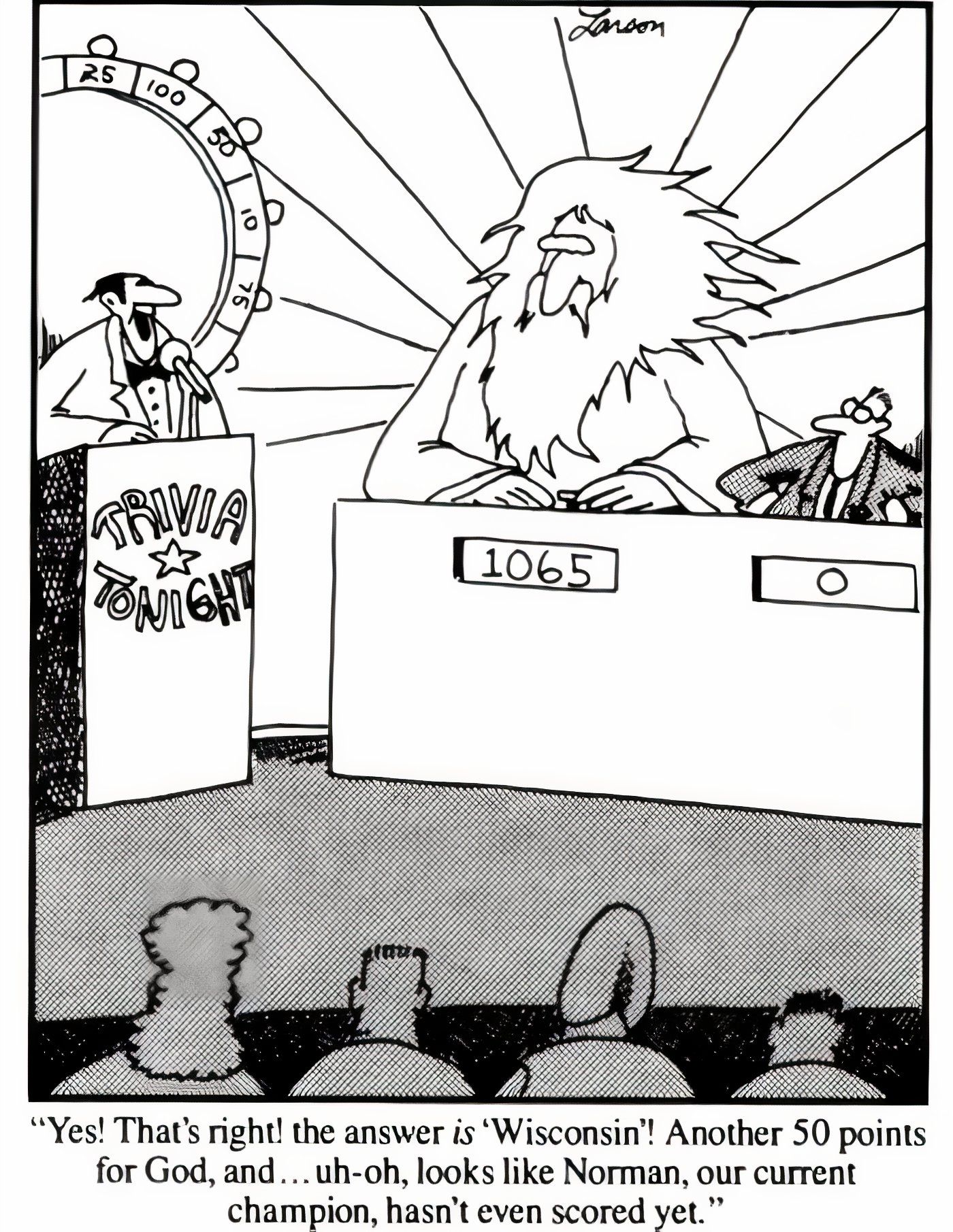 God competing on a game show on The Far Side.