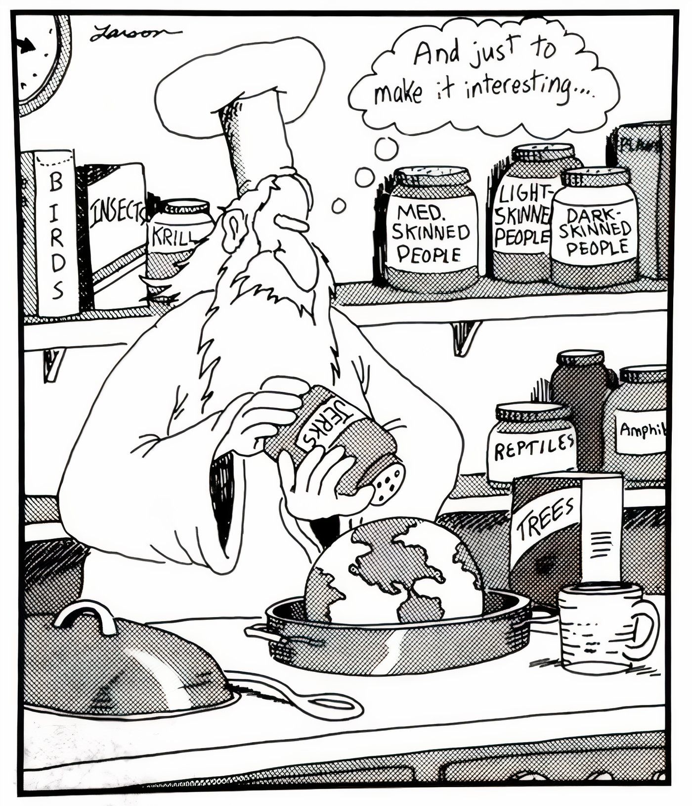 God adding idiots to the world in The Far Side.