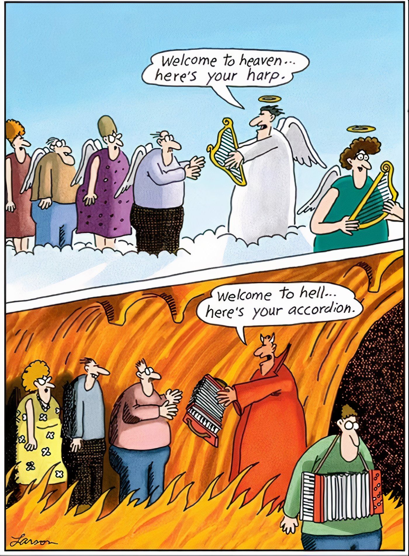 The Far Side showing the difference between heaven and hell.